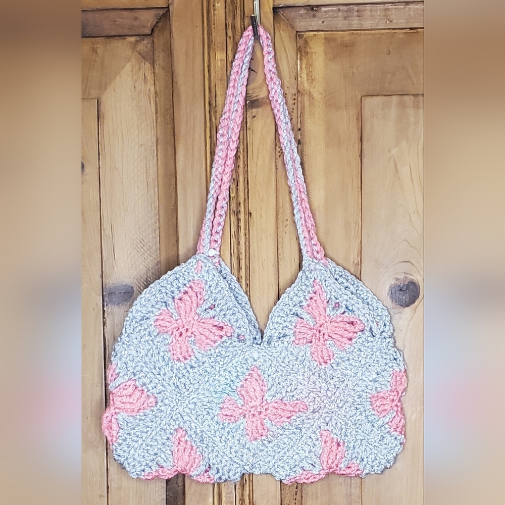 Crochet Butterfly Kids Bag - Pink & Gray